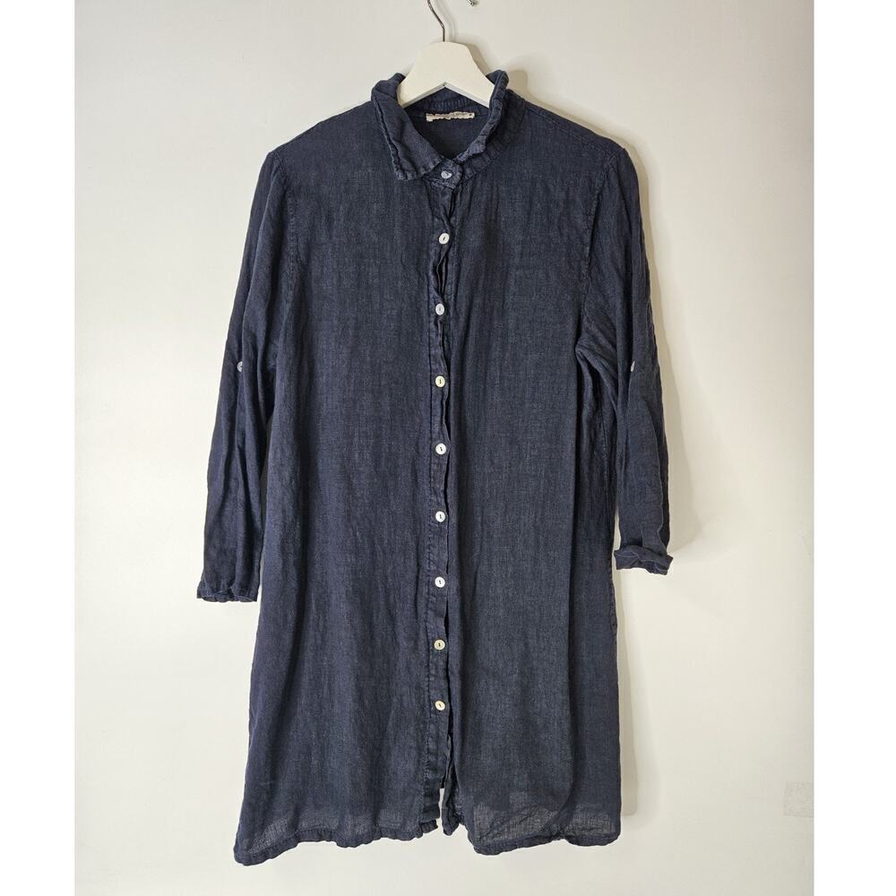 Francesca Bettini Made In Italy Medium 100% Linen V Neck Dress Tunic Navy